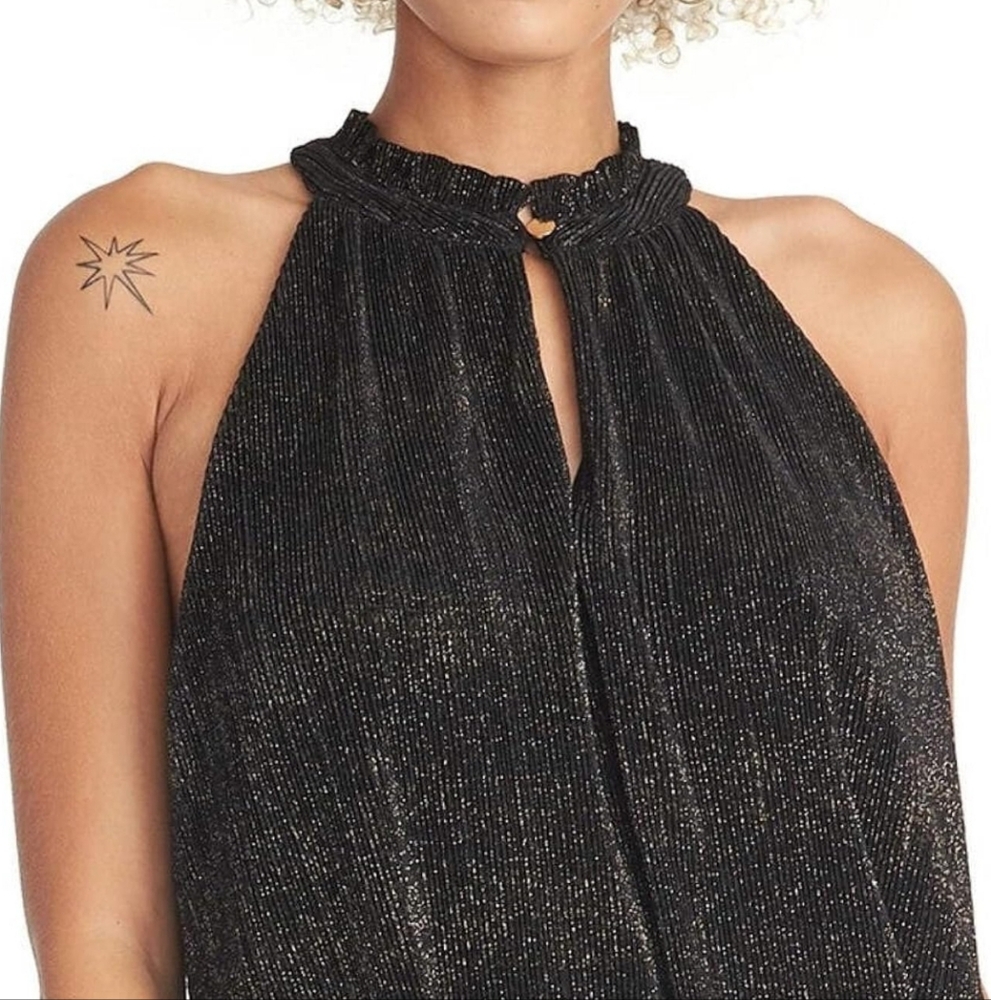 RACHEL ROY Pleated High Neck Sleeveless Black/Gold Dressy Sparkle Tank,XL